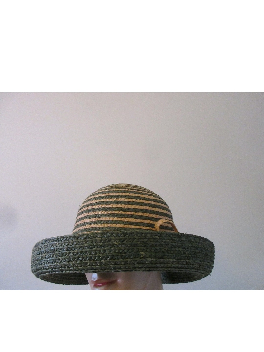 Kate Lord Olive Green & Natural Striped Raffia Hat Size M/L